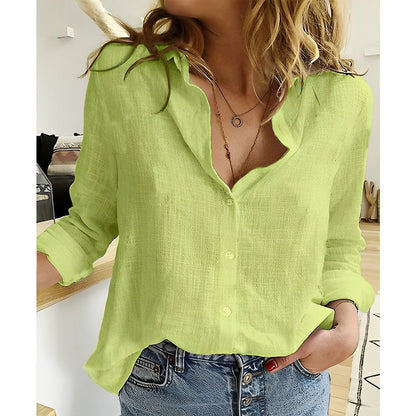 Effortless Linen Shirt for Women with V Neck Long Sleeve Button Front Relaxed Casual Style