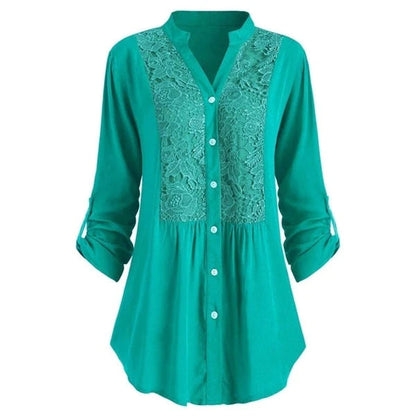 Effortless Lace Panel Tunic Blouse for Women with V Neck Roll Tab Sleeve Button Front Relaxed Style