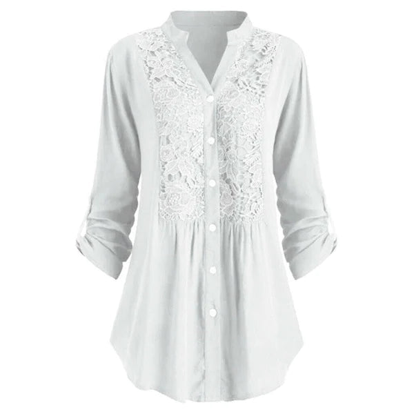 Effortless Lace Panel Tunic Blouse for Women with V Neck Roll Tab Sleeve Button Front Relaxed Style