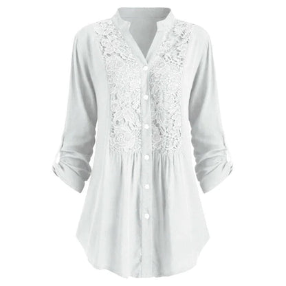 Effortless Lace Panel Tunic Blouse for Women with V Neck Roll Tab Sleeve Button Front Relaxed Style