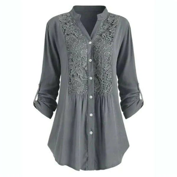 Effortless Lace Panel Tunic Blouse for Women with V Neck Roll Tab Sleeve Button Front Relaxed Style