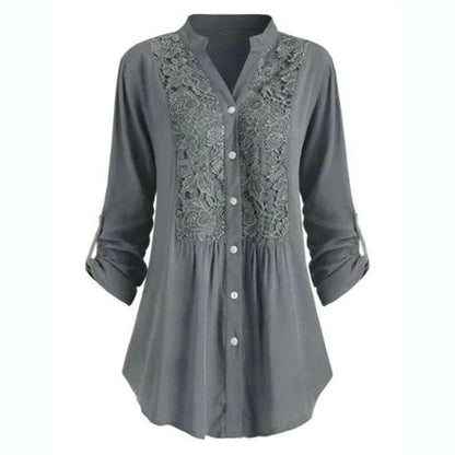 Effortless Lace Panel Tunic Blouse for Women with V Neck Roll Tab Sleeve Button Front Relaxed Style