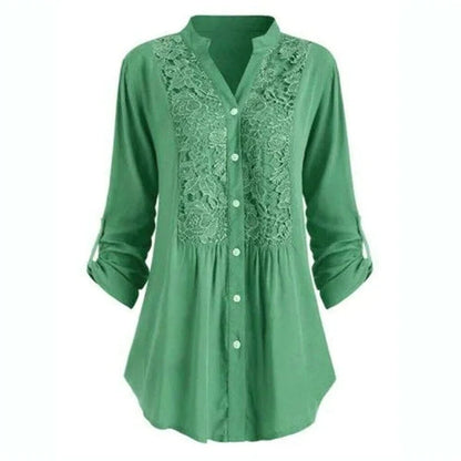 Effortless Lace Panel Tunic Blouse for Women with V Neck Roll Tab Sleeve Button Front Relaxed Style