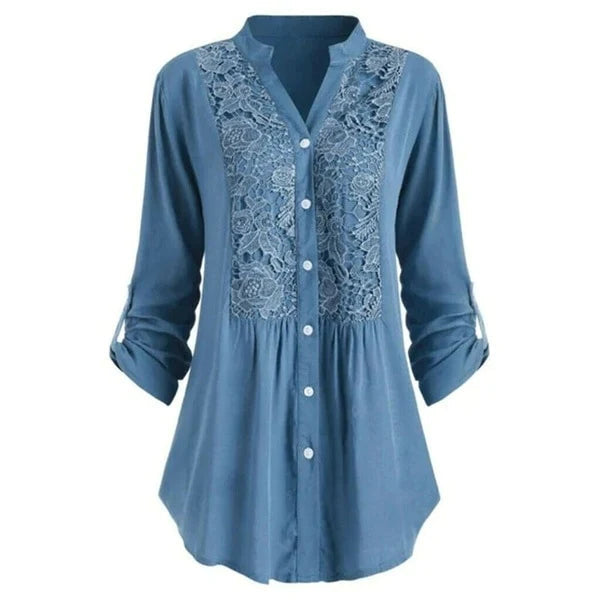Effortless Lace Panel Tunic Blouse for Women with V Neck Roll Tab Sleeve Button Front Relaxed Style
