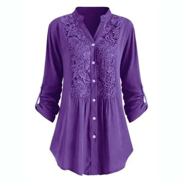 Effortless Lace Panel Tunic Blouse for Women with V Neck Roll Tab Sleeve Button Front Relaxed Style