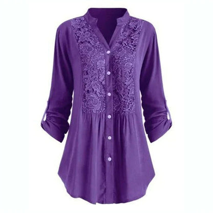 Effortless Lace Panel Tunic Blouse for Women with V Neck Roll Tab Sleeve Button Front Relaxed Style
