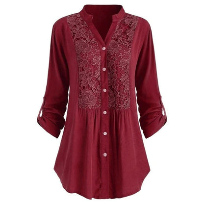 Effortless Lace Panel Tunic Blouse for Women with V Neck Roll Tab Sleeve Button Front Relaxed Style