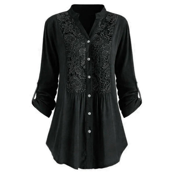 Effortless Lace Panel Tunic Blouse for Women with V Neck Roll Tab Sleeve Button Front Relaxed Style