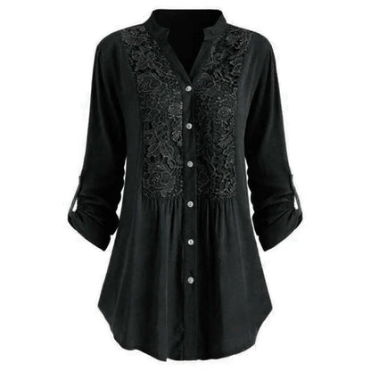 Effortless Lace Panel Tunic Blouse for Women with V Neck Roll Tab Sleeve Button Front Relaxed Style