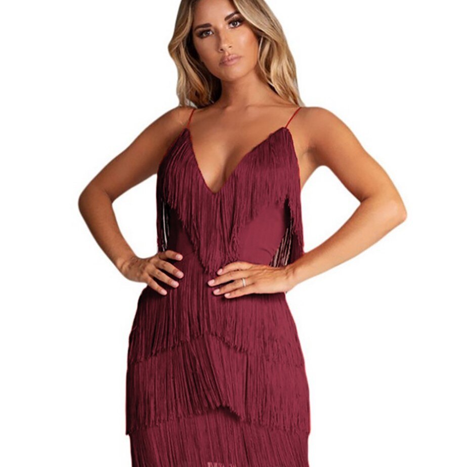 Bold Fringe Cocktail Mini Dress for Women with V Neck Spaghetti Strap Tiered Party Style