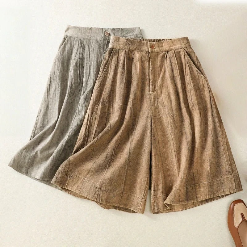 Effortless Linen Bermuda Shorts for Women with High Waist Pleated Wide Leg Relaxed Style