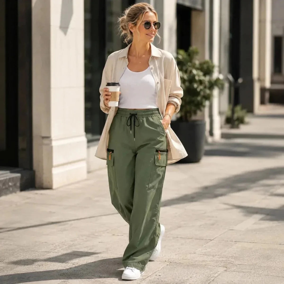 Effortless Cargo Pants for Women with High Waist Drawstring Wide Leg Casual Style