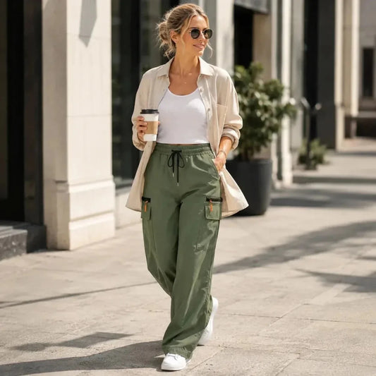 Effortless Cargo Pants for Women with High Waist Drawstring Wide Leg Casual Style