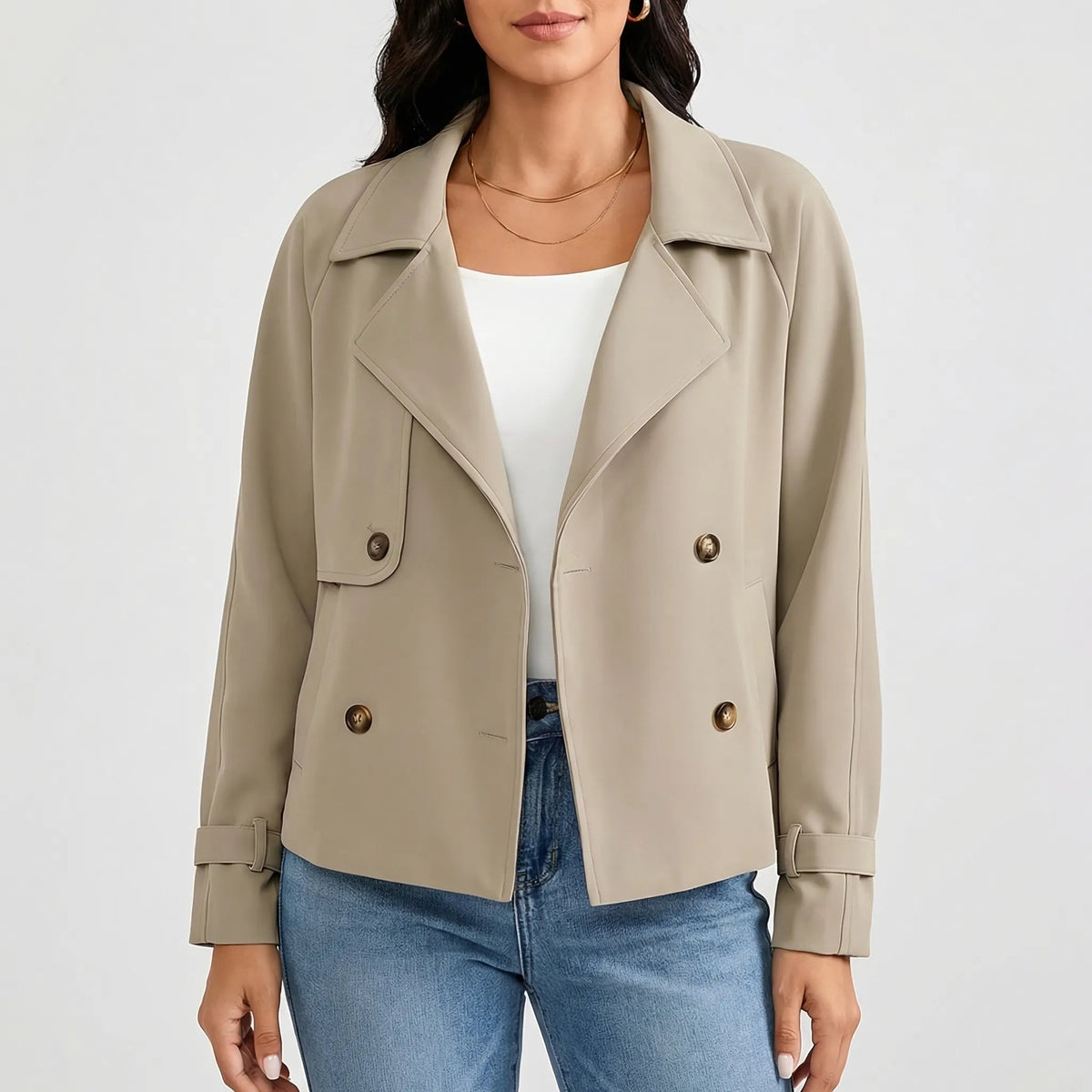 Chic Blazer for Women with Wide Lapel Long Sleeve Double Breasted Cuff Tab Cropped Style