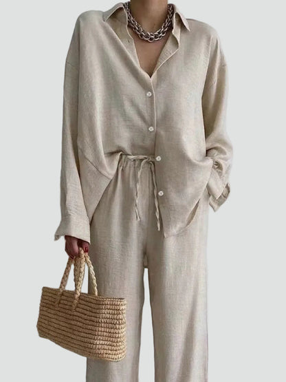 Effortless Linen Shirt Set for Women with Collar Long Sleeve Wide Leg Pant Two Piece Style