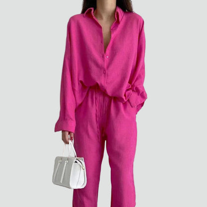 Effortless Linen Shirt Set for Women with Collar Long Sleeve Wide Leg Pant Two Piece Style