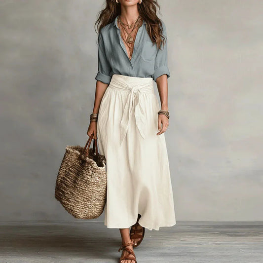 Effortless Ivory Linen Maxi Skirt Two Piece Set for Women with Button Front Tie Waist Relaxed Bohemian Style
