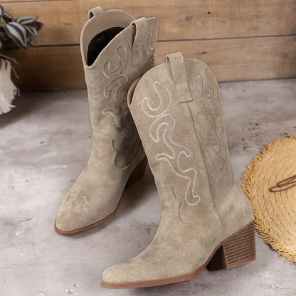 Stylish Suede Cowboy Boots for Women with Embroidered Pointed Toe Block Heel Western Style
