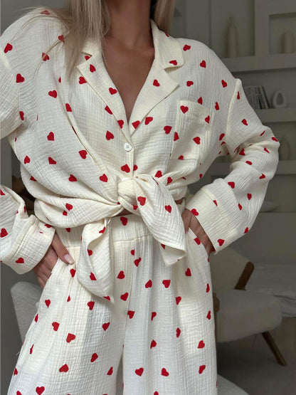 Comfortable White Heart Print Pajama Set for Women with Notch Collar Long Sleeve Wide Leg Two Piece Style