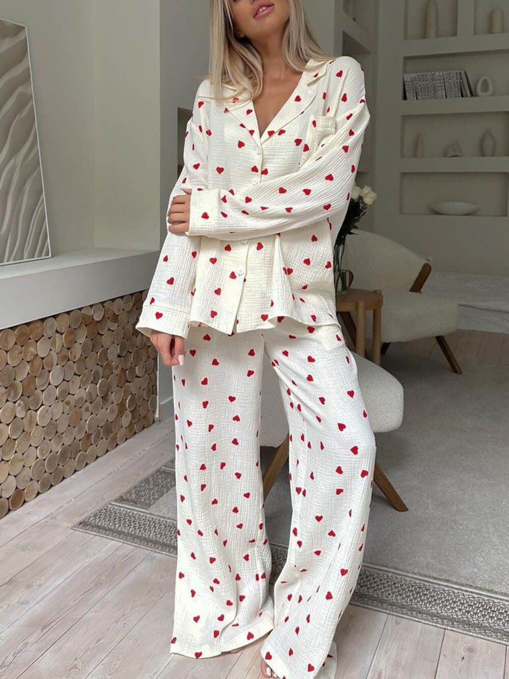 Comfortable White Heart Print Pajama Set for Women with Notch Collar Long Sleeve Wide Leg Two Piece Style
