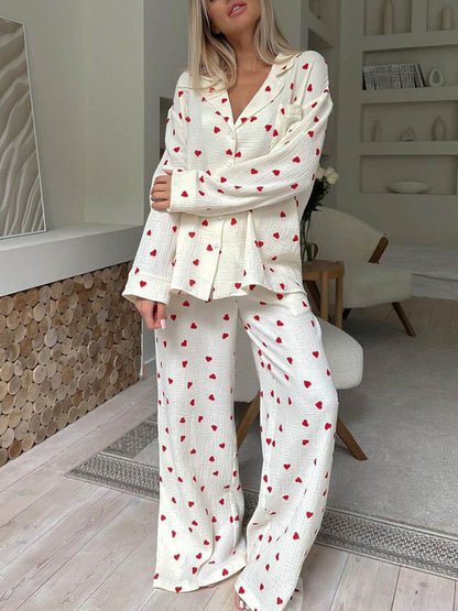 Comfortable White Heart Print Pajama Set for Women with Notch Collar Long Sleeve Wide Leg Two Piece Style