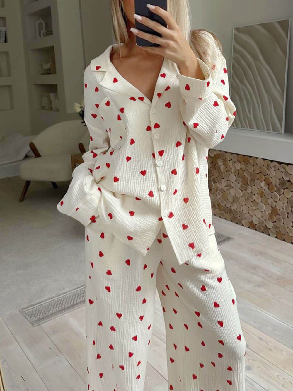 Comfortable White Heart Print Pajama Set for Women with Notch Collar Long Sleeve Wide Leg Two Piece Style