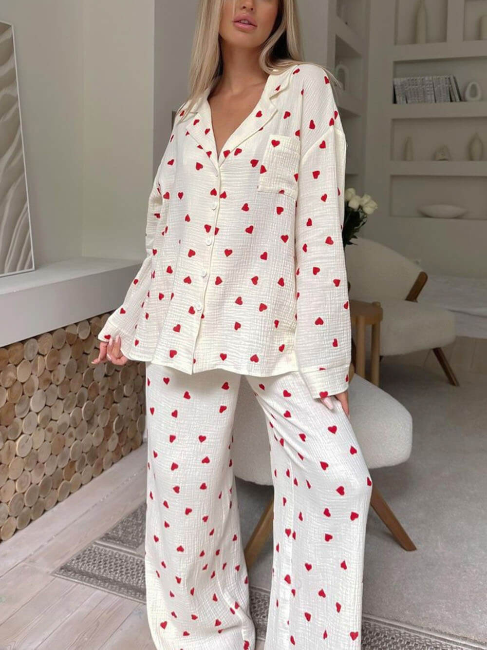 Comfortable White Heart Print Pajama Set for Women with Notch Collar Long Sleeve Wide Leg Two Piece Style