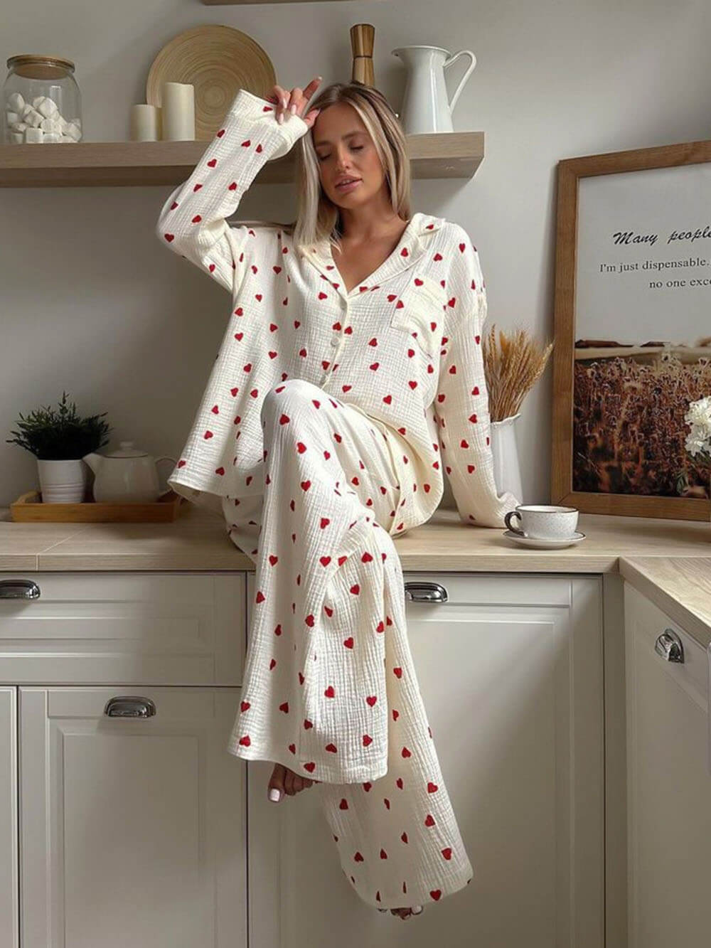Comfortable White Heart Print Pajama Set for Women with Notch Collar Long Sleeve Wide Leg Two Piece Style