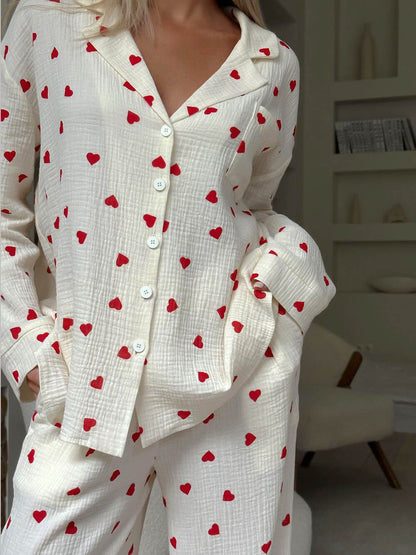 Comfortable White Heart Print Pajama Set for Women with Notch Collar Long Sleeve Wide Leg Two Piece Style