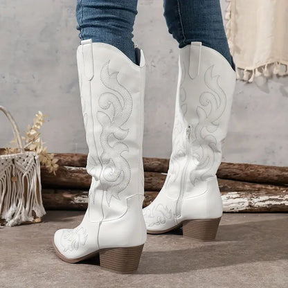 Stylish Embroidered Cowboy Boots for Women with Pointed Toe Stacked Heel Western Style