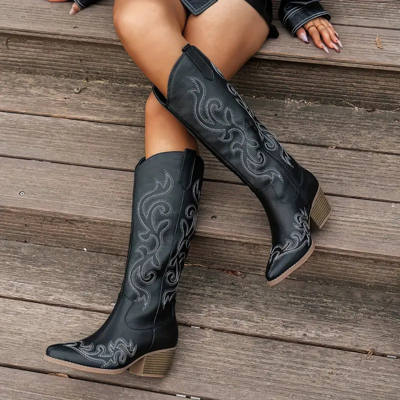 Stylish Embroidered Cowboy Boots for Women with Pointed Toe Stacked Heel Western Style