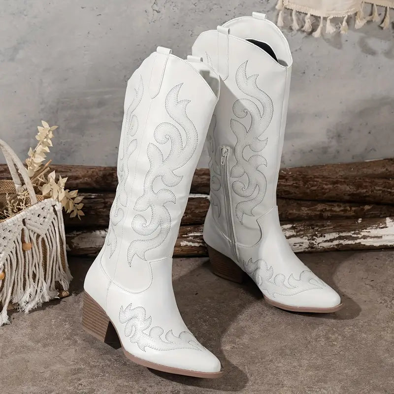 Stylish Embroidered Cowboy Boots for Women with Pointed Toe Stacked Heel Western Style