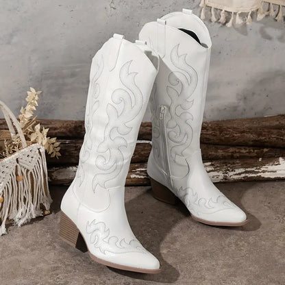 Stylish Embroidered Cowboy Boots for Women with Pointed Toe Stacked Heel Western Style