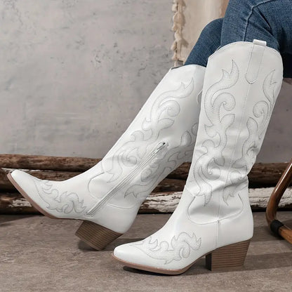 Stylish Embroidered Cowboy Boots for Women with Pointed Toe Stacked Heel Western Style