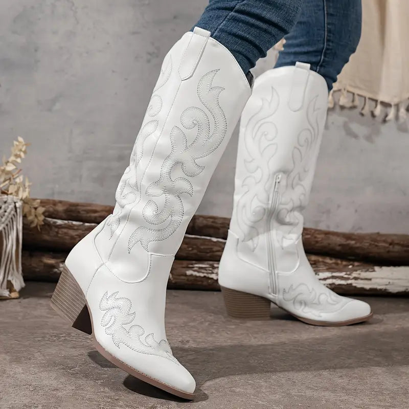 Stylish Embroidered Cowboy Boots for Women with Pointed Toe Stacked Heel Western Style
