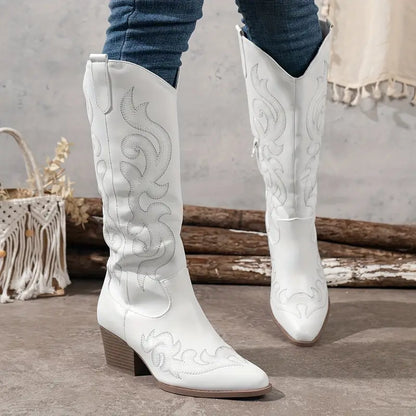 Stylish Embroidered Cowboy Boots for Women with Pointed Toe Stacked Heel Western Style