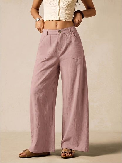Effortless Linen Wide Leg Trousers for Women with High Waist Button Front Relaxed Casual Style