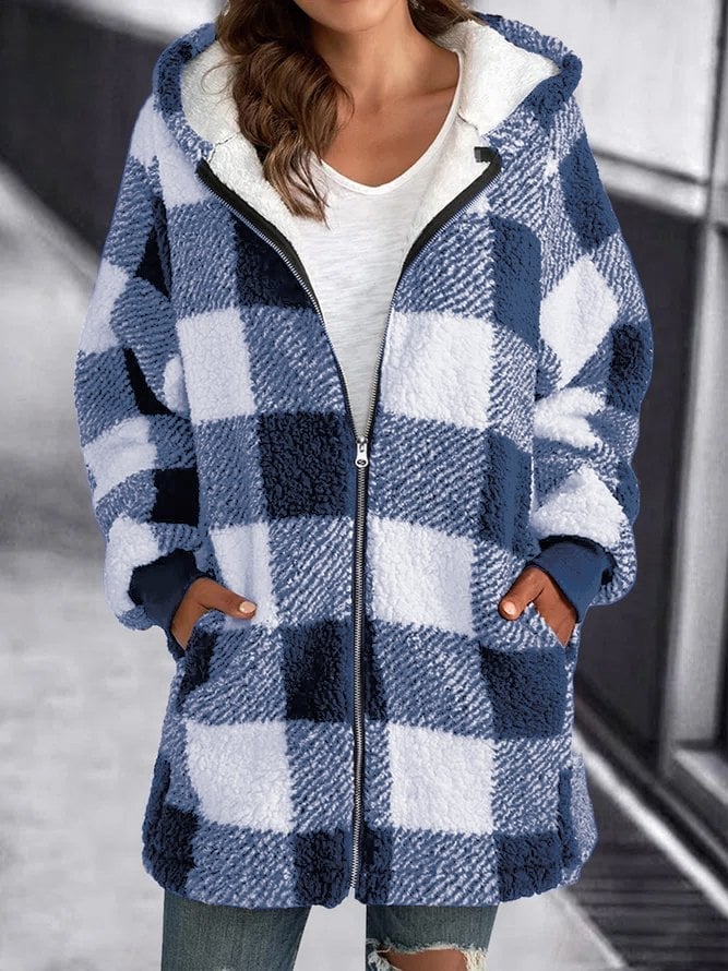 Cozy Sherpa Cardigan for Women with Hooded Neck Long Sleeve Zip Up Plaid Fleece Style
