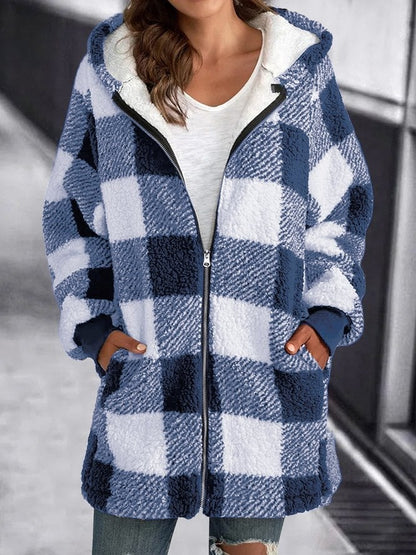 Cozy Sherpa Cardigan for Women with Hooded Neck Long Sleeve Zip Up Plaid Fleece Style