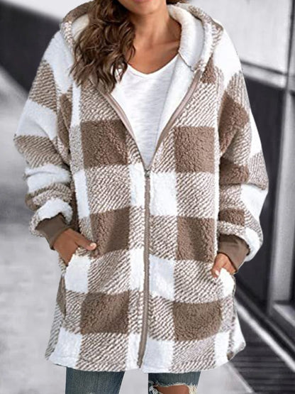 Cozy Sherpa Cardigan for Women with Hooded Neck Long Sleeve Zip Up Plaid Fleece Style