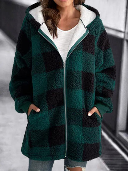 Cozy Sherpa Cardigan for Women with Hooded Neck Long Sleeve Zip Up Plaid Fleece Style