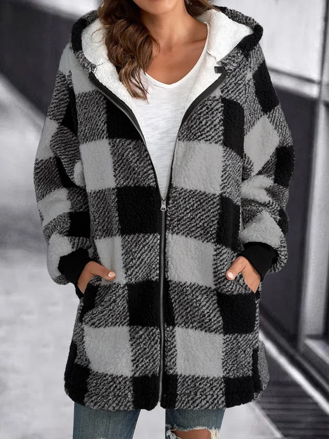 Cozy Sherpa Cardigan for Women with Hooded Neck Long Sleeve Zip Up Plaid Fleece Style