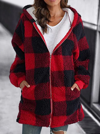 Cozy Sherpa Cardigan for Women with Hooded Neck Long Sleeve Zip Up Plaid Fleece Style