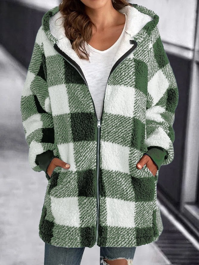 Cozy Sherpa Cardigan for Women with Hooded Neck Long Sleeve Zip Up Plaid Fleece Style