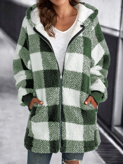 Cozy Sherpa Cardigan for Women with Hooded Neck Long Sleeve Zip Up Plaid Fleece Style