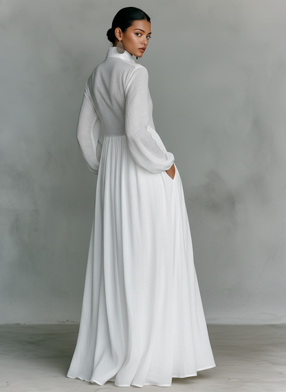 Effortless Linen Maxi Dress for Women with Stand Collar Button Front Long Sleeve Flowing Casual Style
