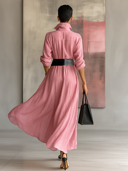 Effortless Pink Shirt Dress for Women with Lapel Collar Button Front Wide Belt Waist Long Sleeve Casual Maxi Style