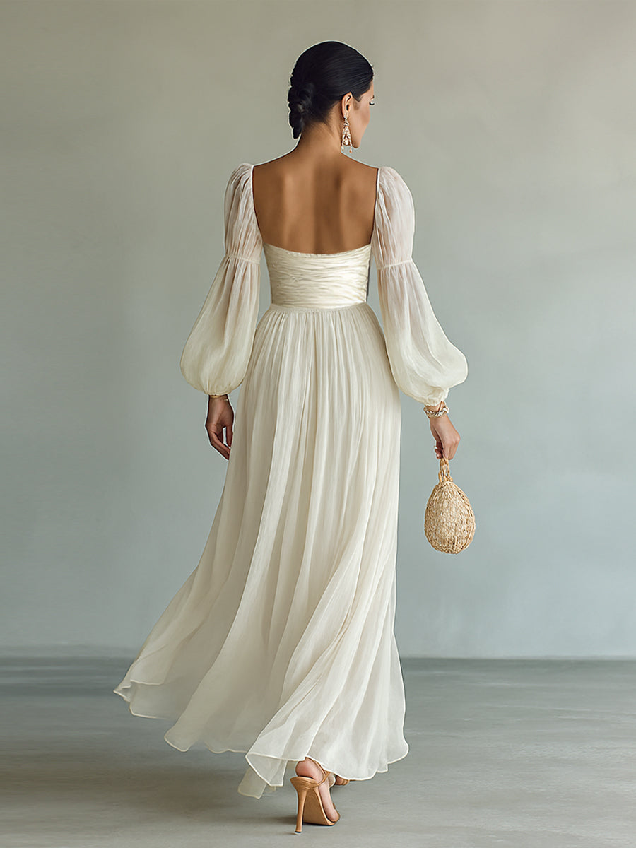 Elegant White Chiffon Maxi Dress for Women with Square Neck Puff Sleeve Ruched Waist Formal Wedding Guest Style