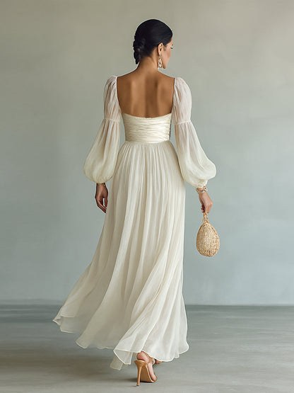Elegant White Chiffon Maxi Dress for Women with Square Neck Puff Sleeve Ruched Waist Formal Wedding Guest Style