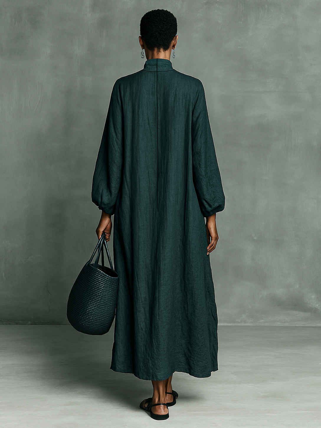 Elegant Green Dress for Women with Mock Neck Floral Embroidery Puff Sleeve Oversized Linen Casual Maxi Style